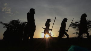 Young Maasai Warriors or "Ol-Moran" are dancing in the sunset. They have speers, machetes and long hair.